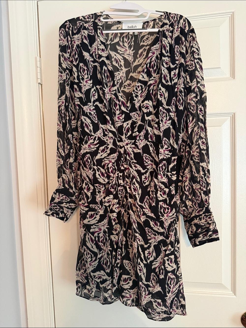 ba&sh Black Printed Long-Sleeve V-Neck Dress